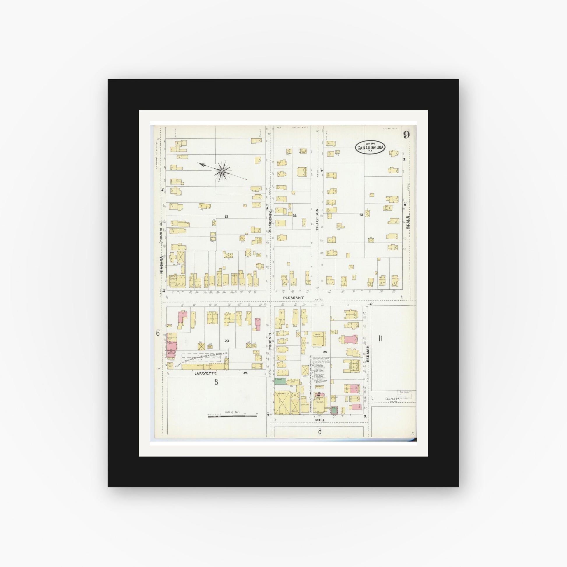 Old map wall art mockup — black gallery frame with white mat — Sanborn Fire Insurance Map from Canandaigua, Ontario County, New York (1904), Sheet #0009