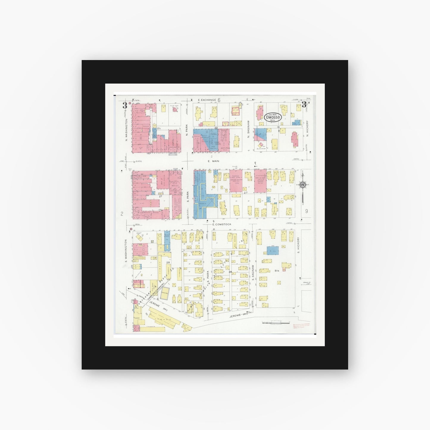 Old map wall art mockup — black gallery frame with white mat — Sanborn Fire Insurance Map from Owosso, Shiawassee County, Michigan (1930), Sheet #0003