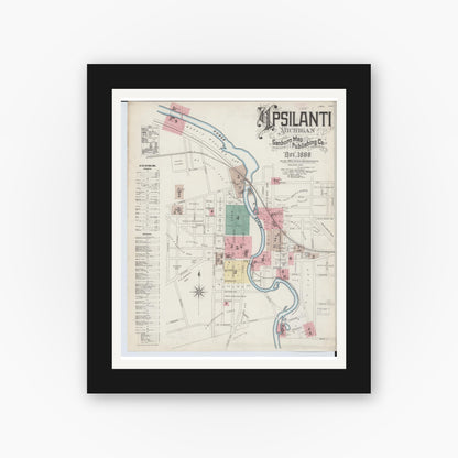 Old map wall art mockup — black gallery frame with white mat — Sanborn Fire Insurance Map from Ypsilanti, Washtenaw County, Michigan (1888), Sheet #0001
