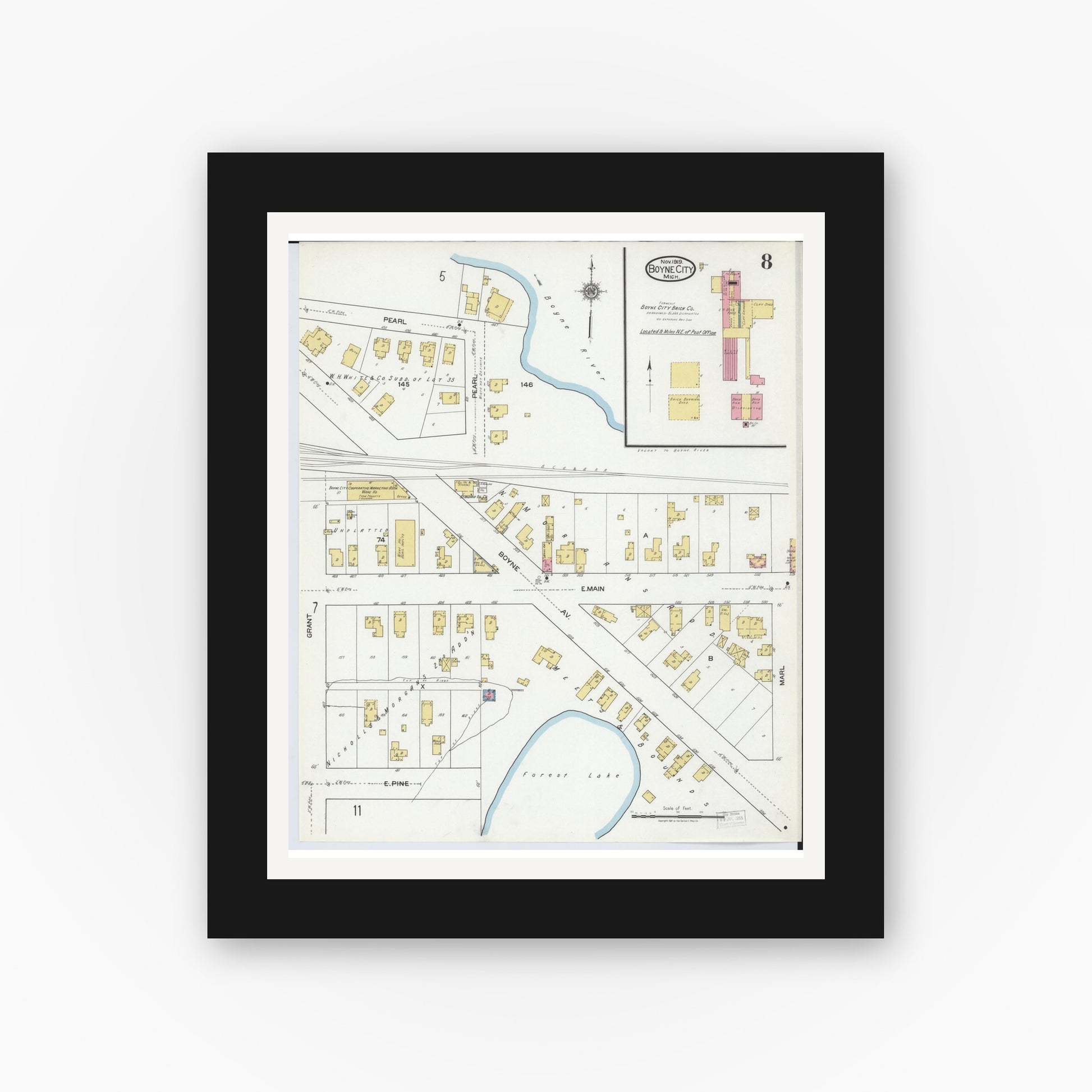 Old map wall art mockup — black gallery frame with white mat — Sanborn Fire Insurance Map from Boyne City, Charlevoix County, Michigan (1919), Sheet #0008