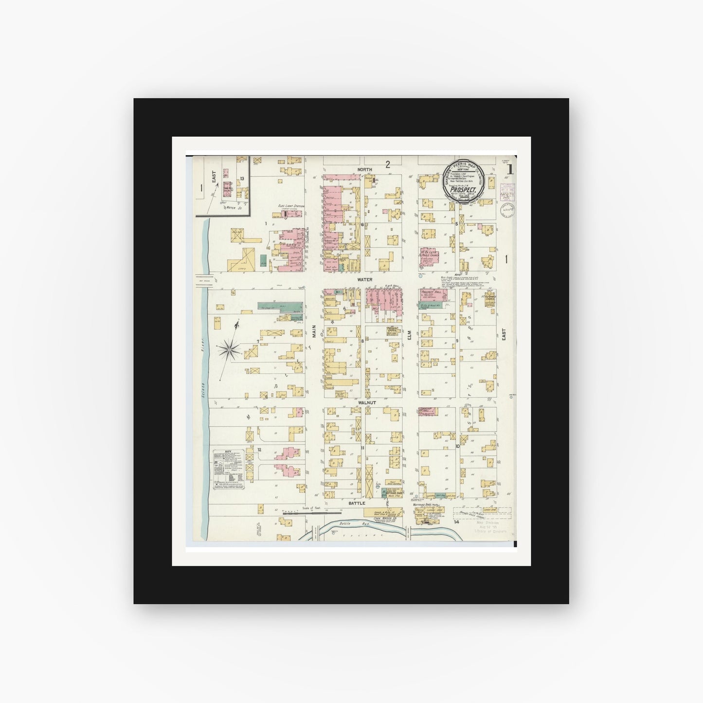 Old map wall art mockup — black gallery frame with white mat — Sanborn Fire Insurance Map from Prospect, Marion County, Ohio (1901) - Complete Map Set