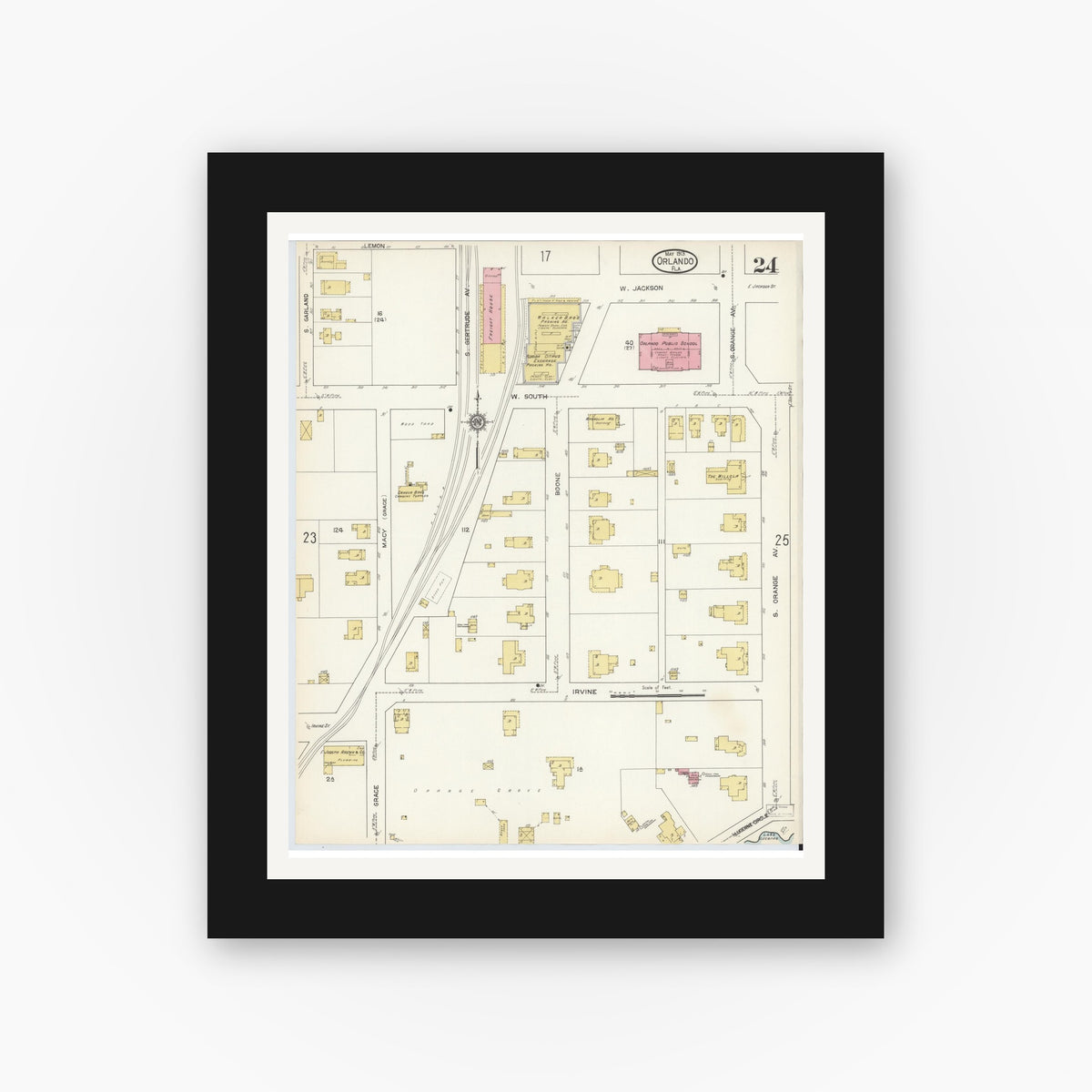Old map wall art mockup — black gallery frame with white mat — Sanborn Fire Insurance Map from Orlando, Orange County, Florida (1913), Sheet #0024