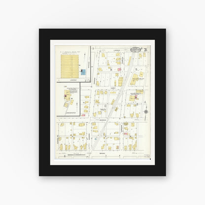 Old map wall art mockup — black gallery frame with white mat — Sanborn Fire Insurance Map from Knightstown, Henry County, Indiana (1916), Sheet #0003