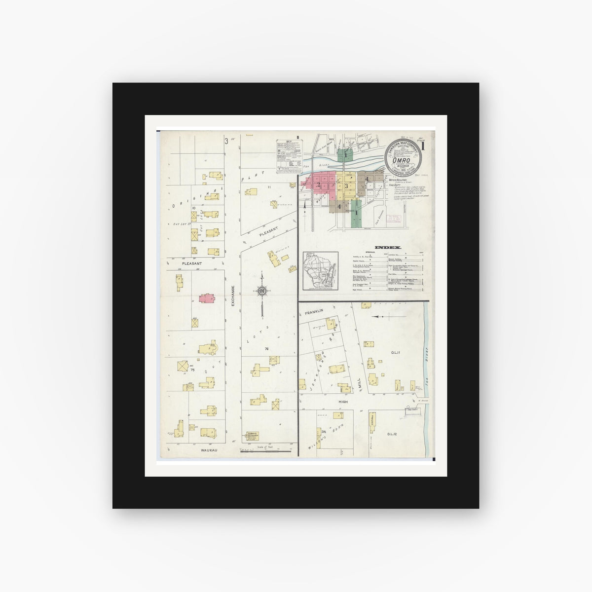 Old map wall art mockup — black gallery frame with white mat — Sanborn Fire Insurance Map from Omro, Winnebago County, Wisconsin (1913) - Complete Map Set