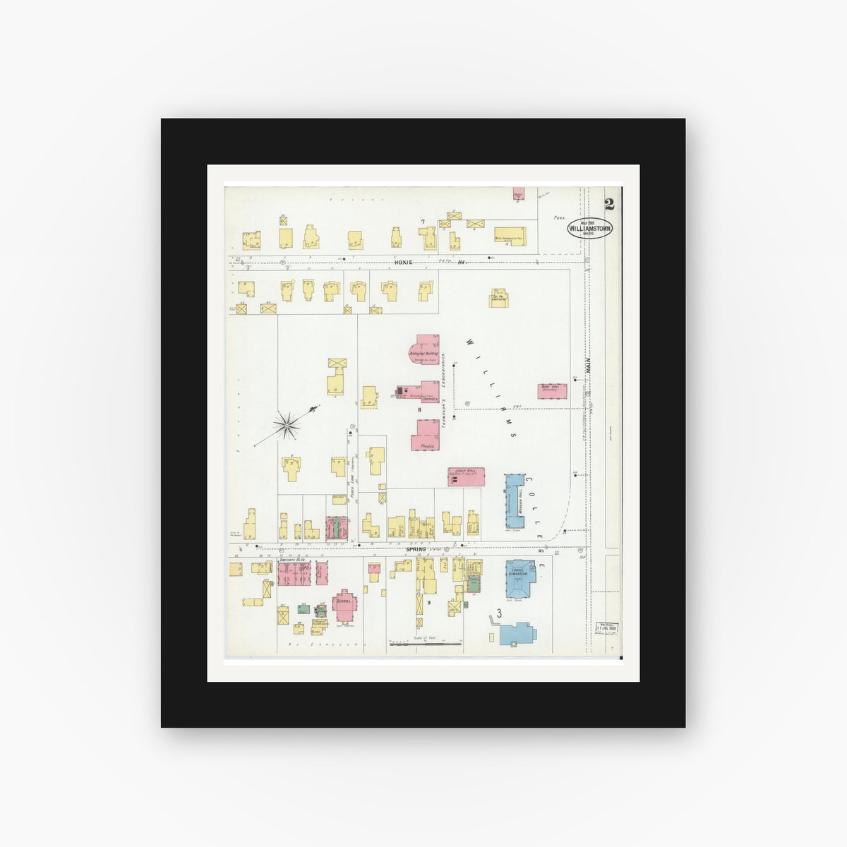 Old map wall art mockup — black gallery frame with white mat — Sanborn Fire Insurance Map from Williamstown, Berkshire County, Massachusetts (1901), Sheet #0002