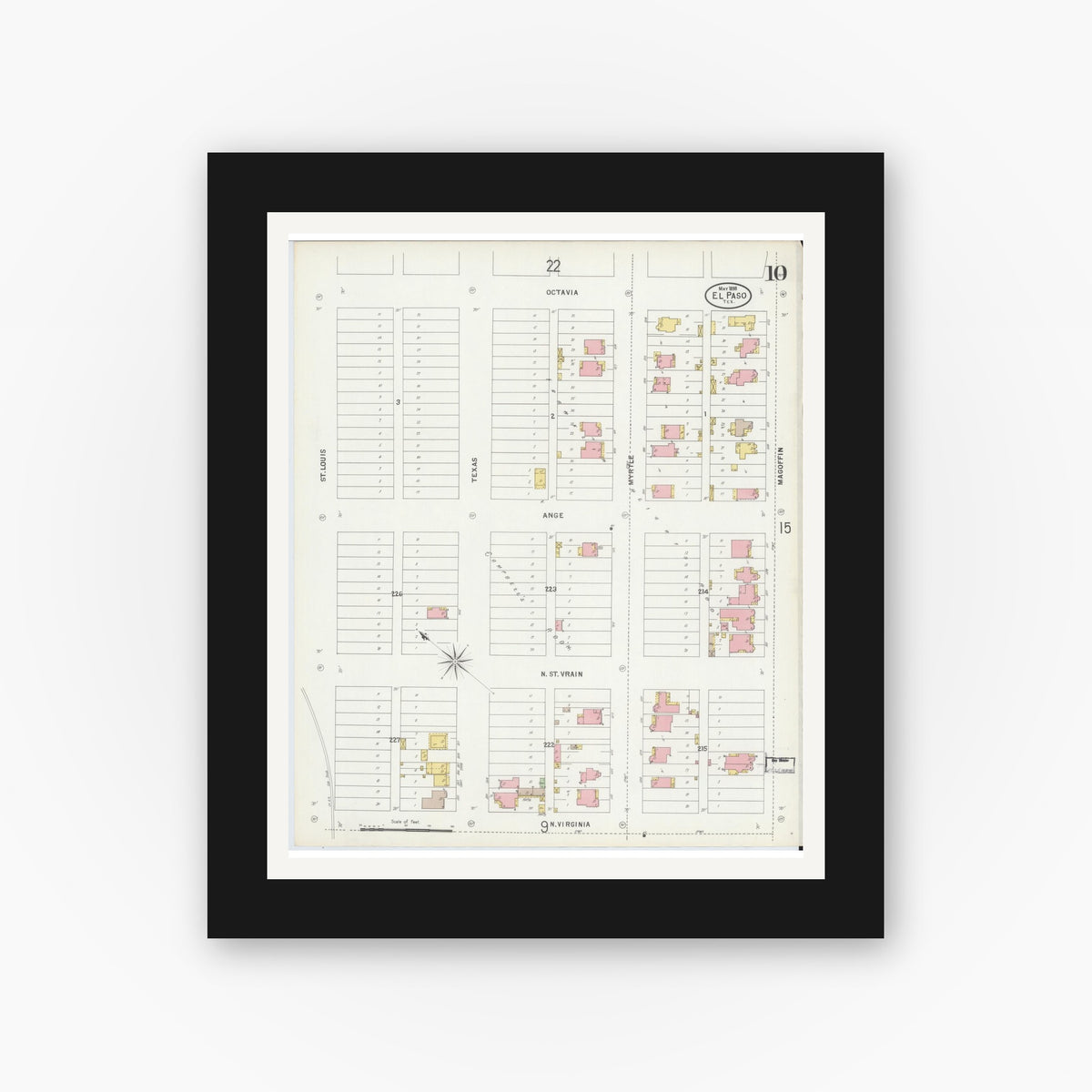 Old map wall art mockup — black gallery frame with white mat — Sanborn Fire Insurance Map from El Paso, El Paso County, Texas (1898), Sheet #0010