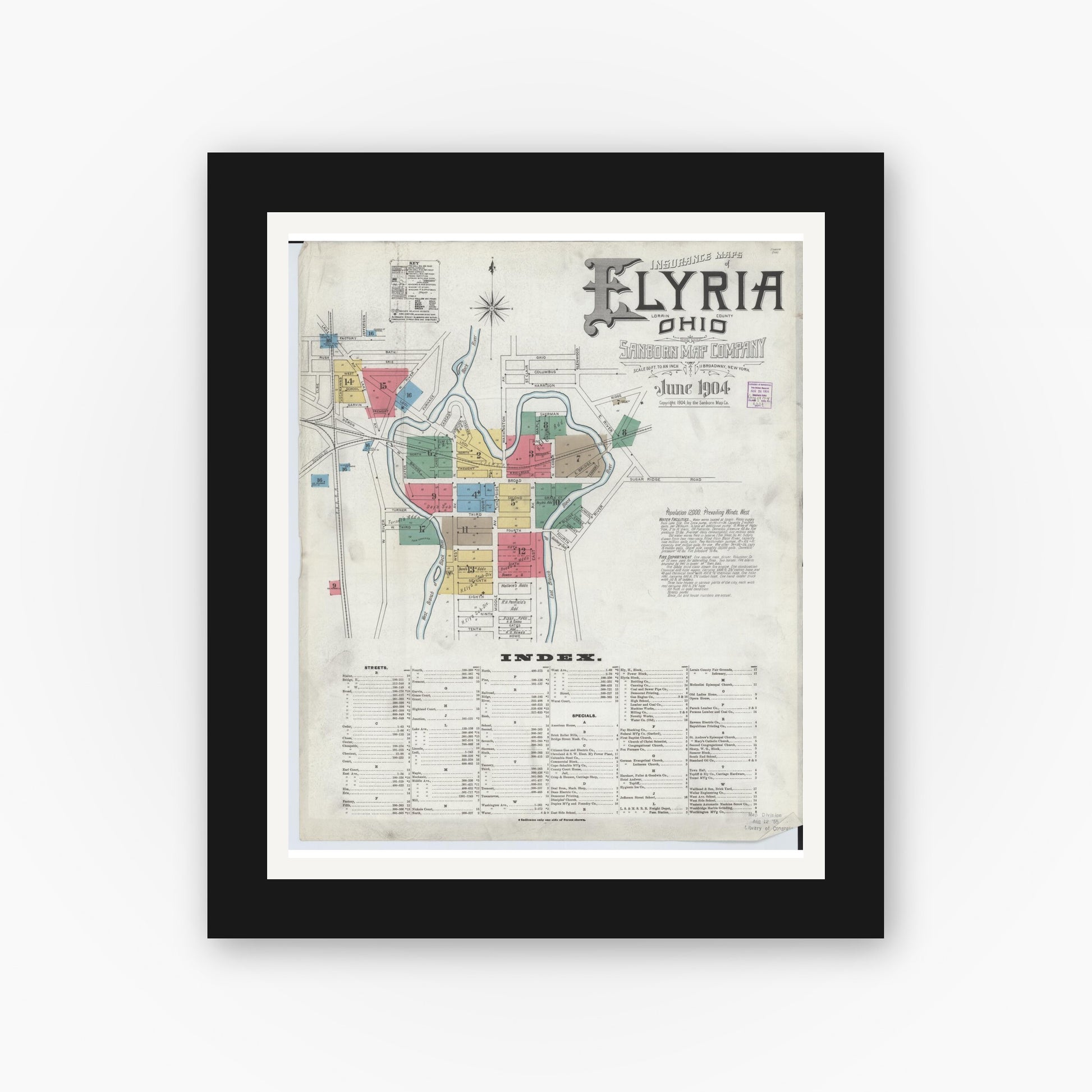 Old map wall art mockup — black gallery frame with white mat — Sanborn Fire Insurance Map from Elyria, Lorain County, Ohio (1904), Sheet #0001