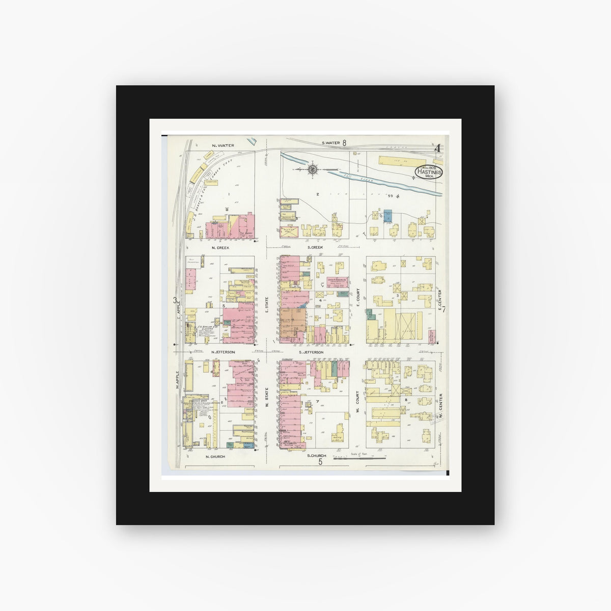 Old map wall art mockup — black gallery frame with white mat — Sanborn Fire Insurance Map from Hastings, Barry County, Michigan (1909), Sheet #0004