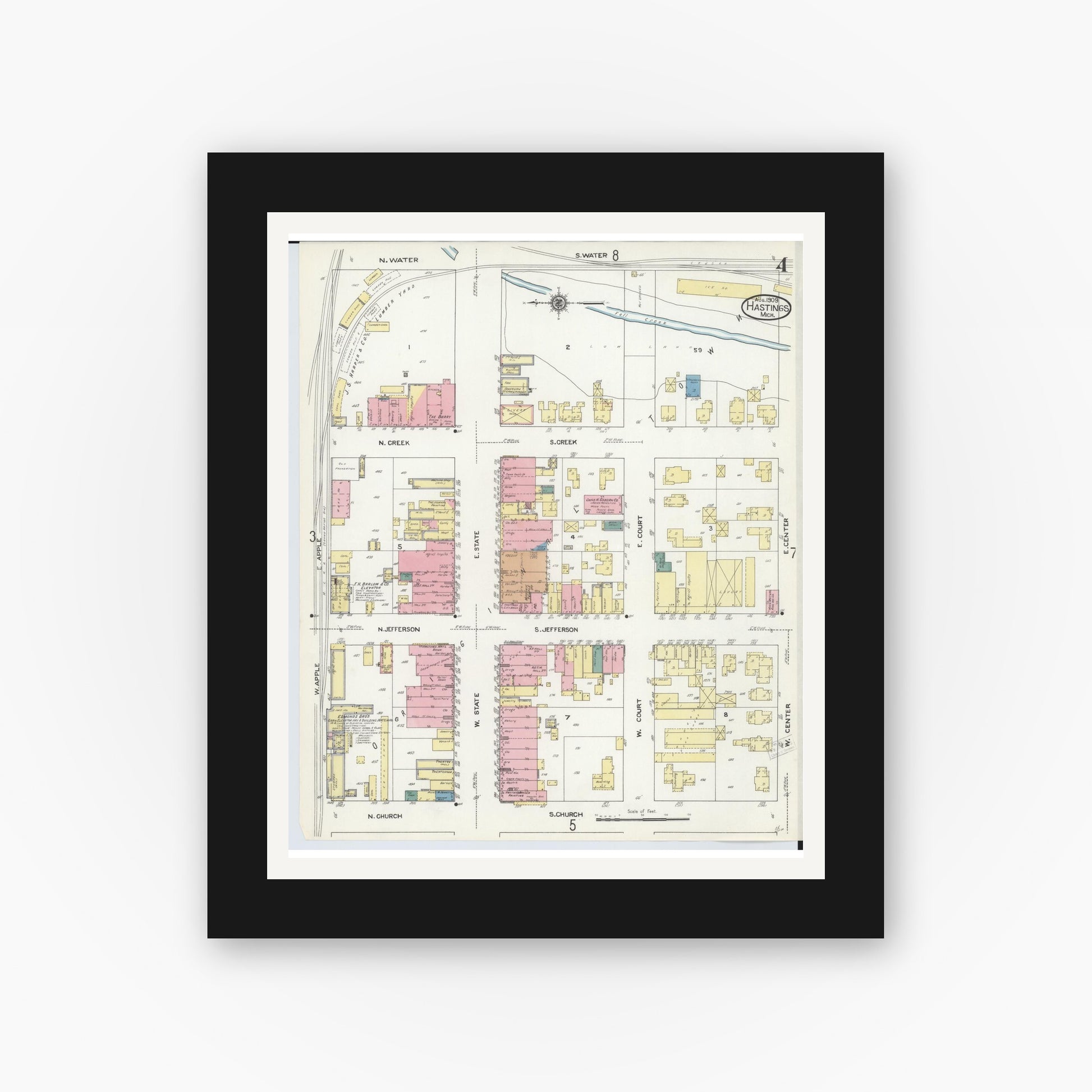 Old map wall art mockup — black gallery frame with white mat — Sanborn Fire Insurance Map from Hastings, Barry County, Michigan (1909), Sheet #0004