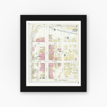 Old map wall art mockup — black gallery frame with white mat — Sanborn Fire Insurance Map from Hastings, Barry County, Michigan (1909), Sheet #0004