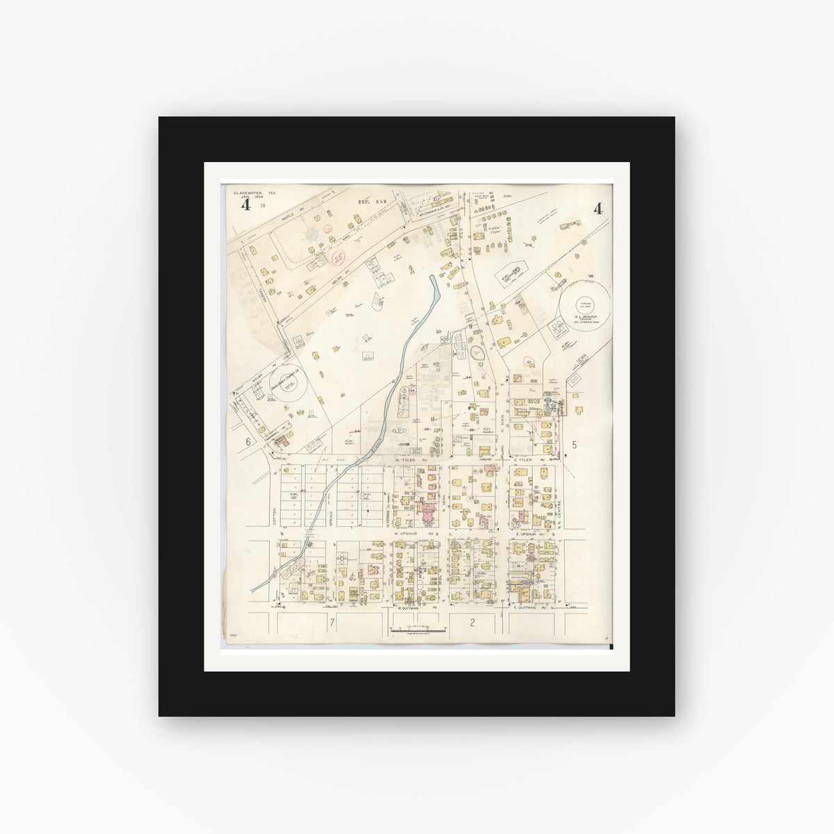 Old map wall art mockup — black gallery frame with white mat — Sanborn Fire Insurance Map from Gladewater, Gregg County, Texas (1938), Sheet #0004