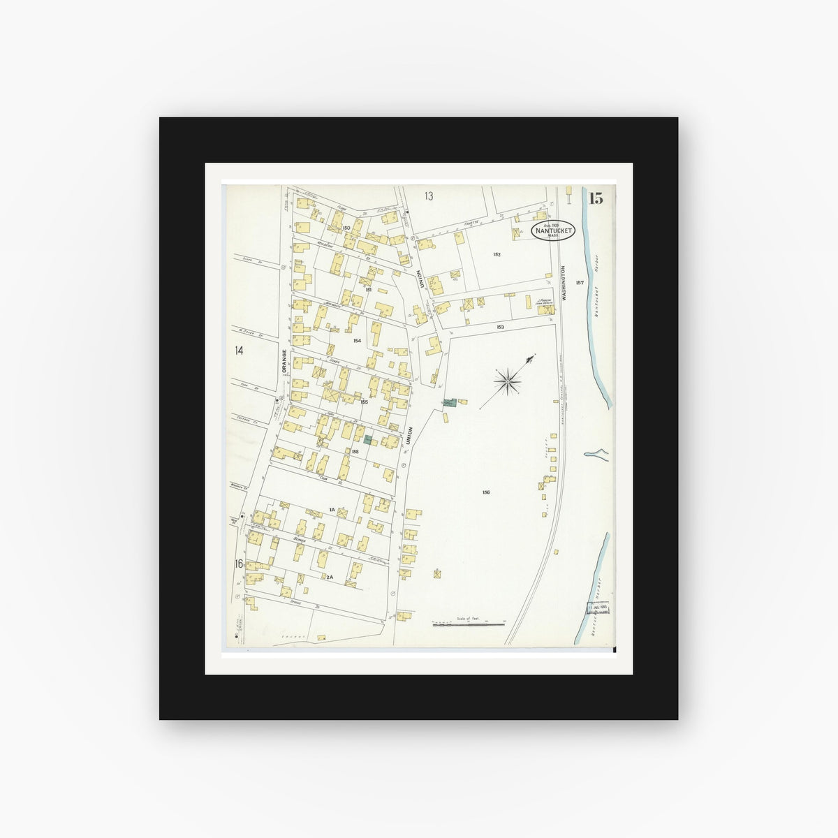 Old map wall art mockup — black gallery frame with white mat — Sanborn Fire Insurance Map from Nantucket, Nantucket County, Massachusetts (1909), Sheet #0015