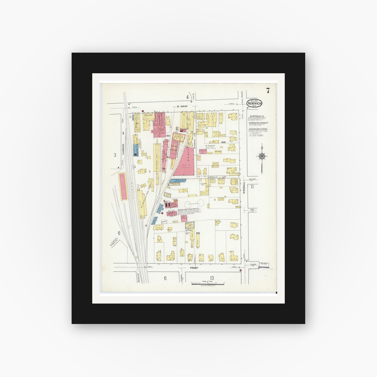 Old map wall art mockup — black gallery frame with white mat — Sanborn Fire Insurance Map from Norwich, Chenango County, New York (1917), Sheet #0007