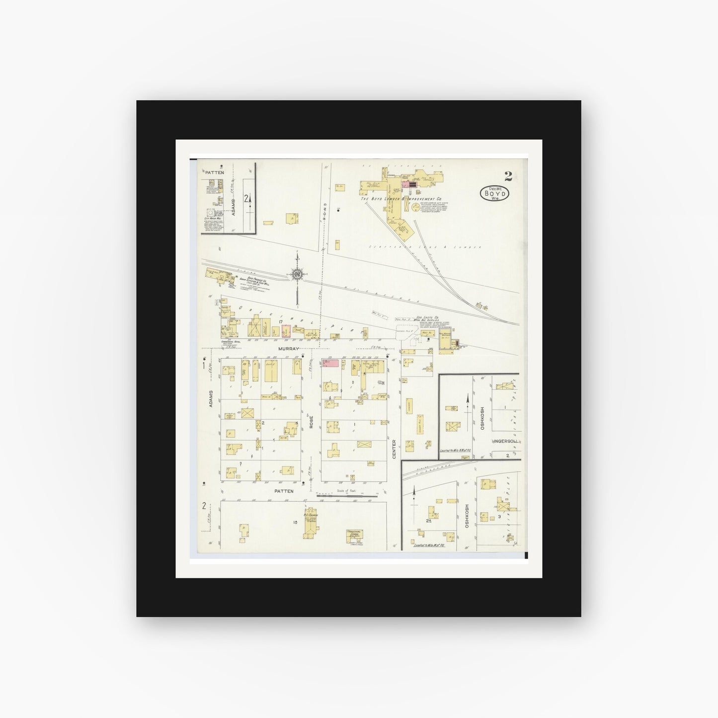 Old map wall art mockup — black gallery frame with white mat — Sanborn Fire Insurance Map from Boyd, Chippewa County, Wisconsin (1912), Sheet #0002