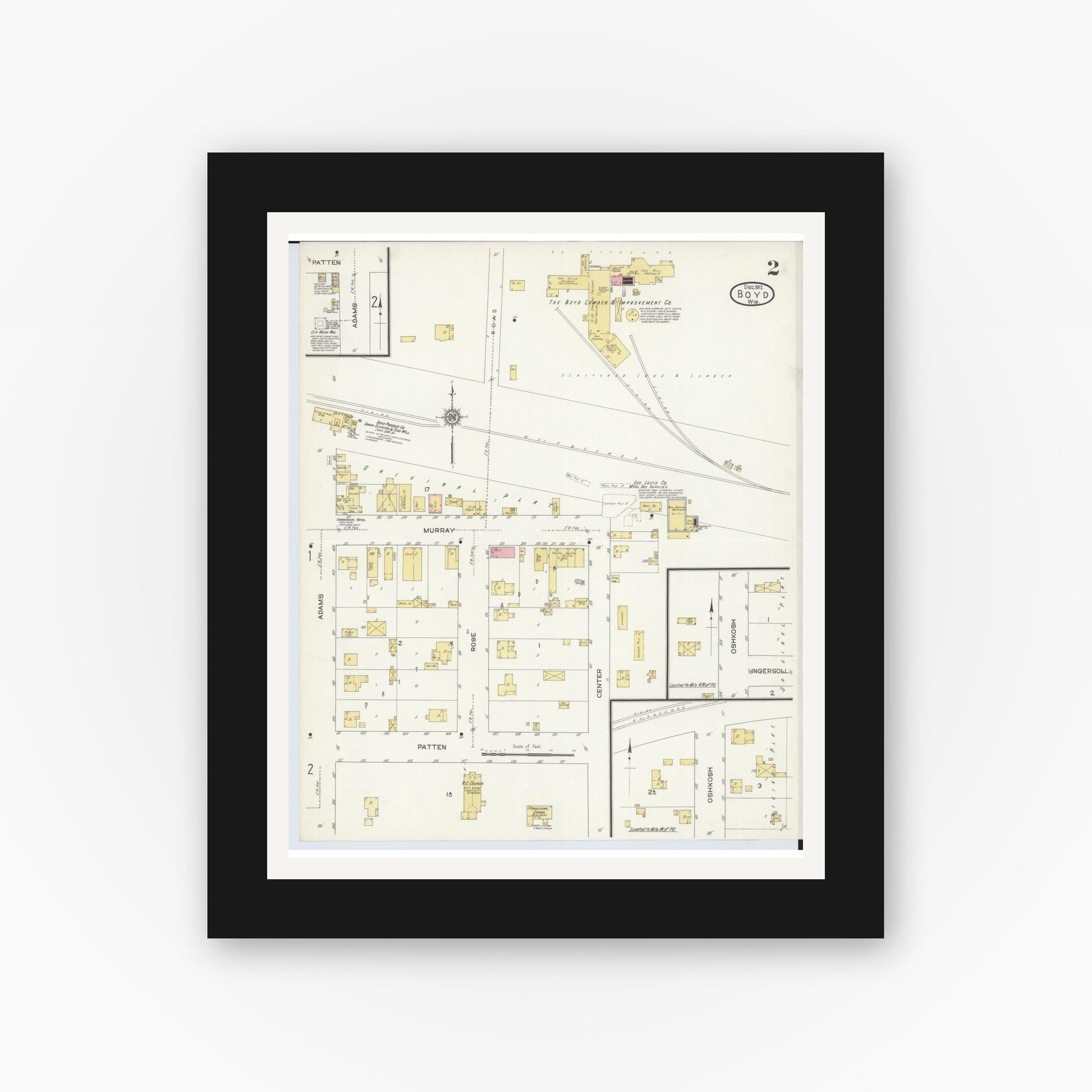 Old map wall art mockup — black gallery frame with white mat — Sanborn Fire Insurance Map from Boyd, Chippewa County, Wisconsin (1912), Sheet #0002