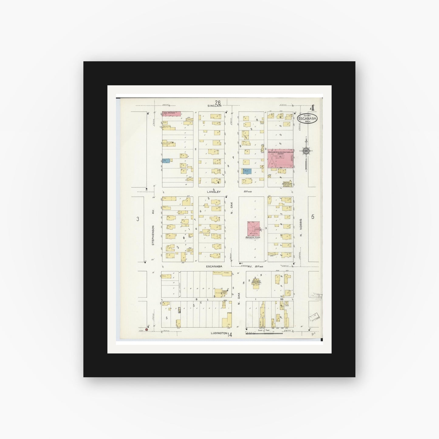 Old map wall art mockup — black gallery frame with white mat — Sanborn Fire Insurance Map from Escanaba, Delta County, Michigan (1913), Sheet #0004