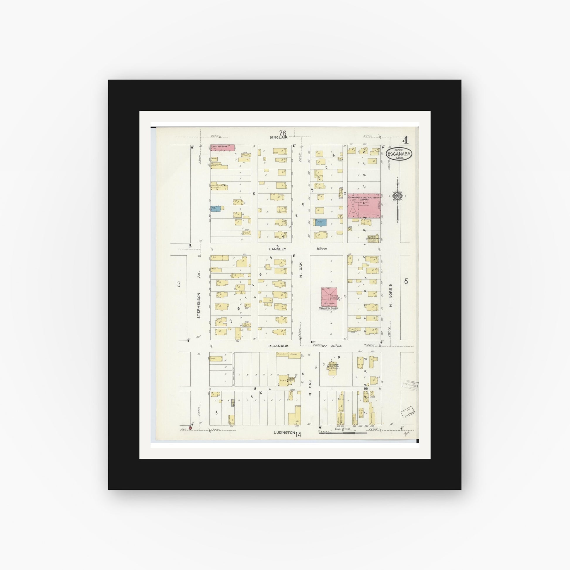 Old map wall art mockup — black gallery frame with white mat — Sanborn Fire Insurance Map from Escanaba, Delta County, Michigan (1913), Sheet #0004
