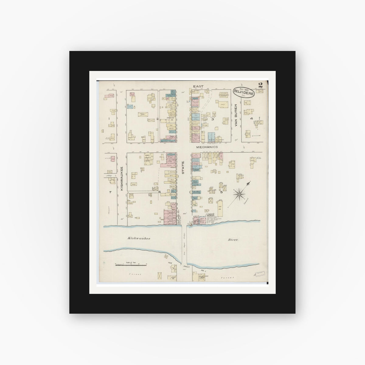 Old map wall art mockup — black gallery frame with white mat — Sanborn Fire Insurance Map from Belvidere, Boone County, Illinois (1885), Sheet #0002