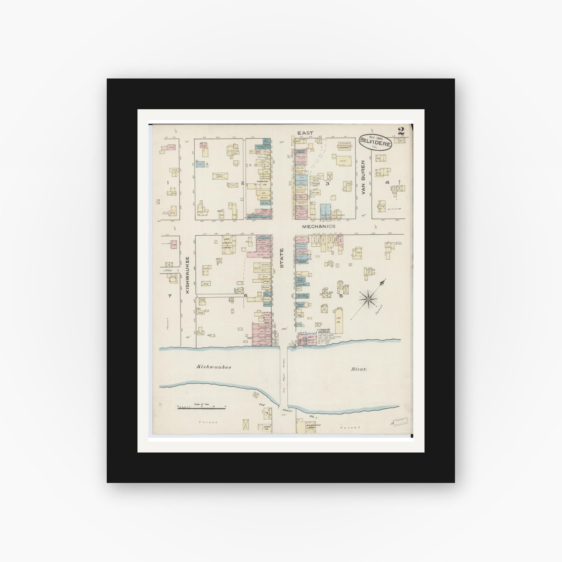 Old map wall art mockup — black gallery frame with white mat — Sanborn Fire Insurance Map from Belvidere, Boone County, Illinois (1885), Sheet #0002