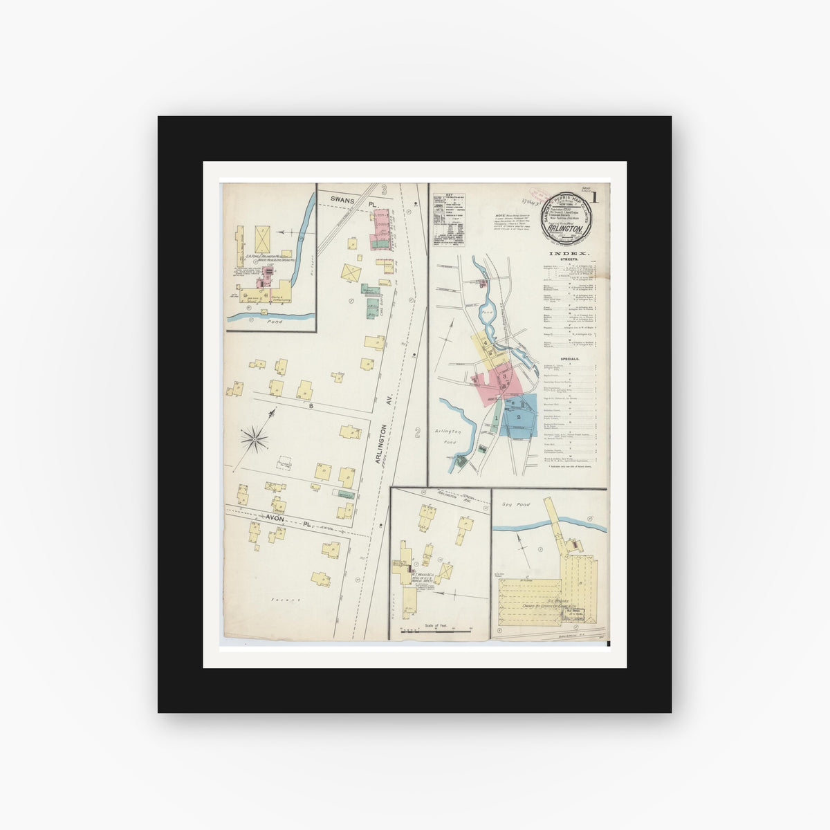 Old map wall art mockup — black gallery frame with white mat — Sanborn Fire Insurance Map from Arlington, Middlesex County, Massachusetts (1892) - Complete Map Set