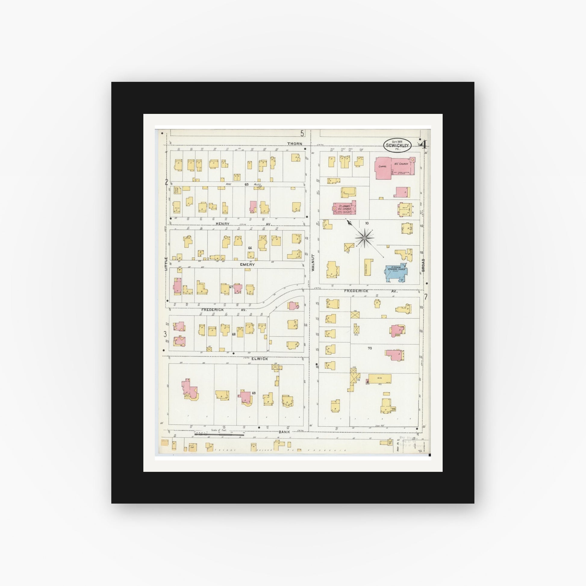 Old map wall art mockup — black gallery frame with white mat — Sanborn Fire Insurance Map from Sewickley, Allegheny County, Pennsylvania (1905), Sheet #0004