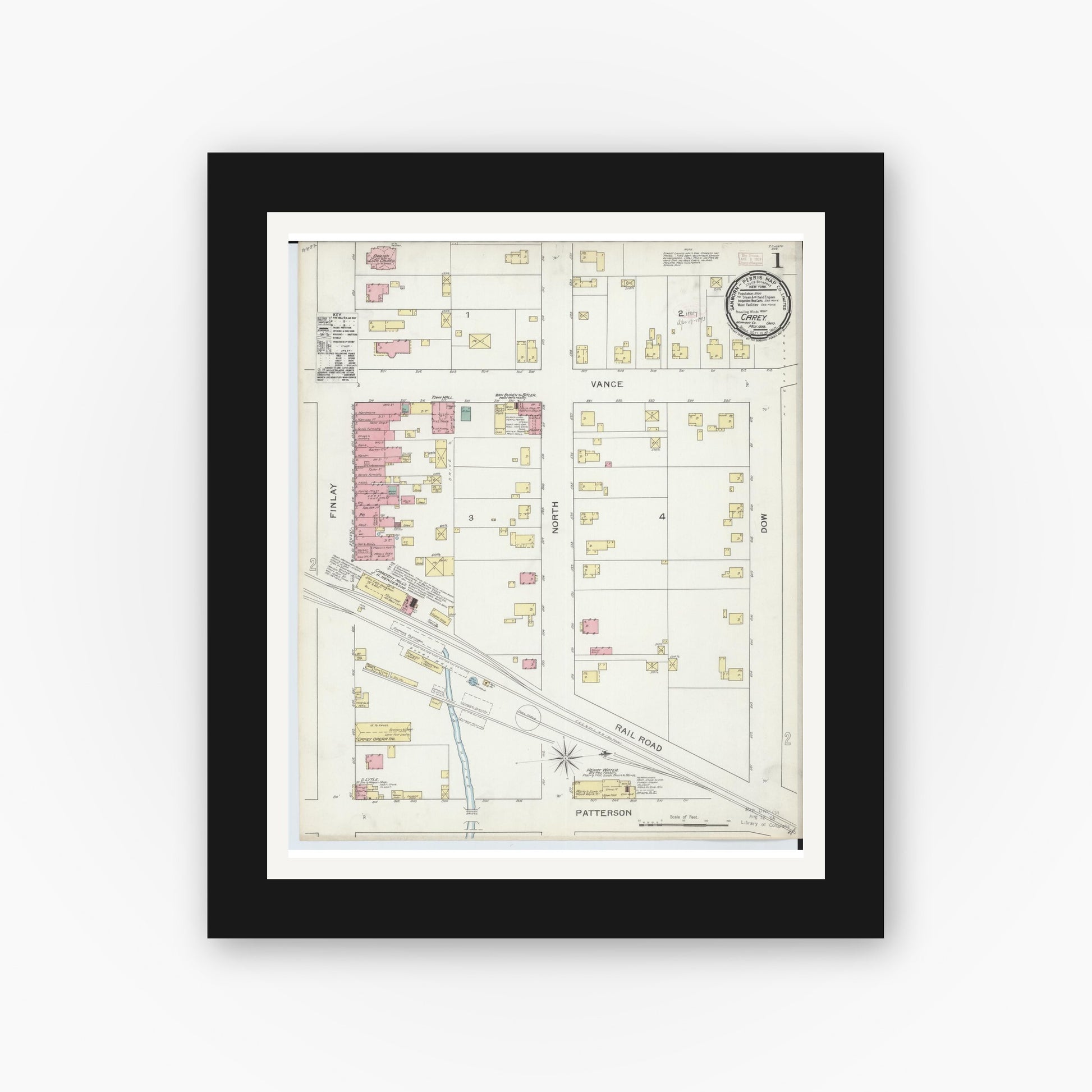 Old map wall art mockup — black gallery frame with white mat — Sanborn Fire Insurance Map from Carey, Wyandot County, Ohio (1893), Sheet #0001