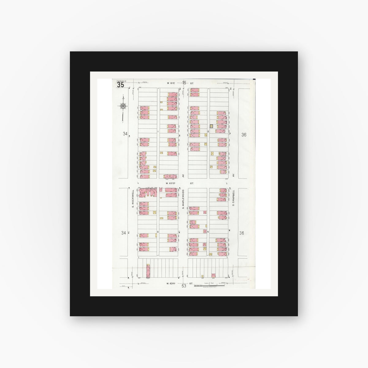 Old map wall art mockup — black gallery frame with white mat — Sanborn Fire Insurance Map from Chicago, Cook County, Illinois (1920), Sheet #0035