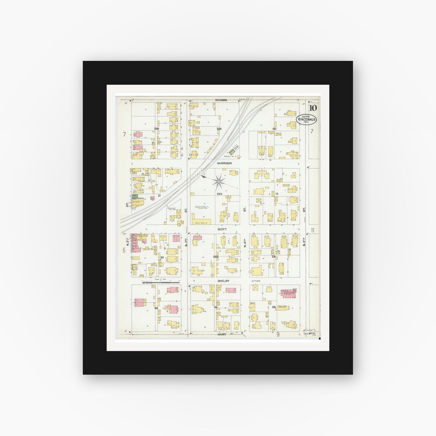 Old map wall art mockup — black gallery frame with white mat — Sanborn Fire Insurance Map from Vincennes, Knox County, Indiana (1902), Sheet #0010