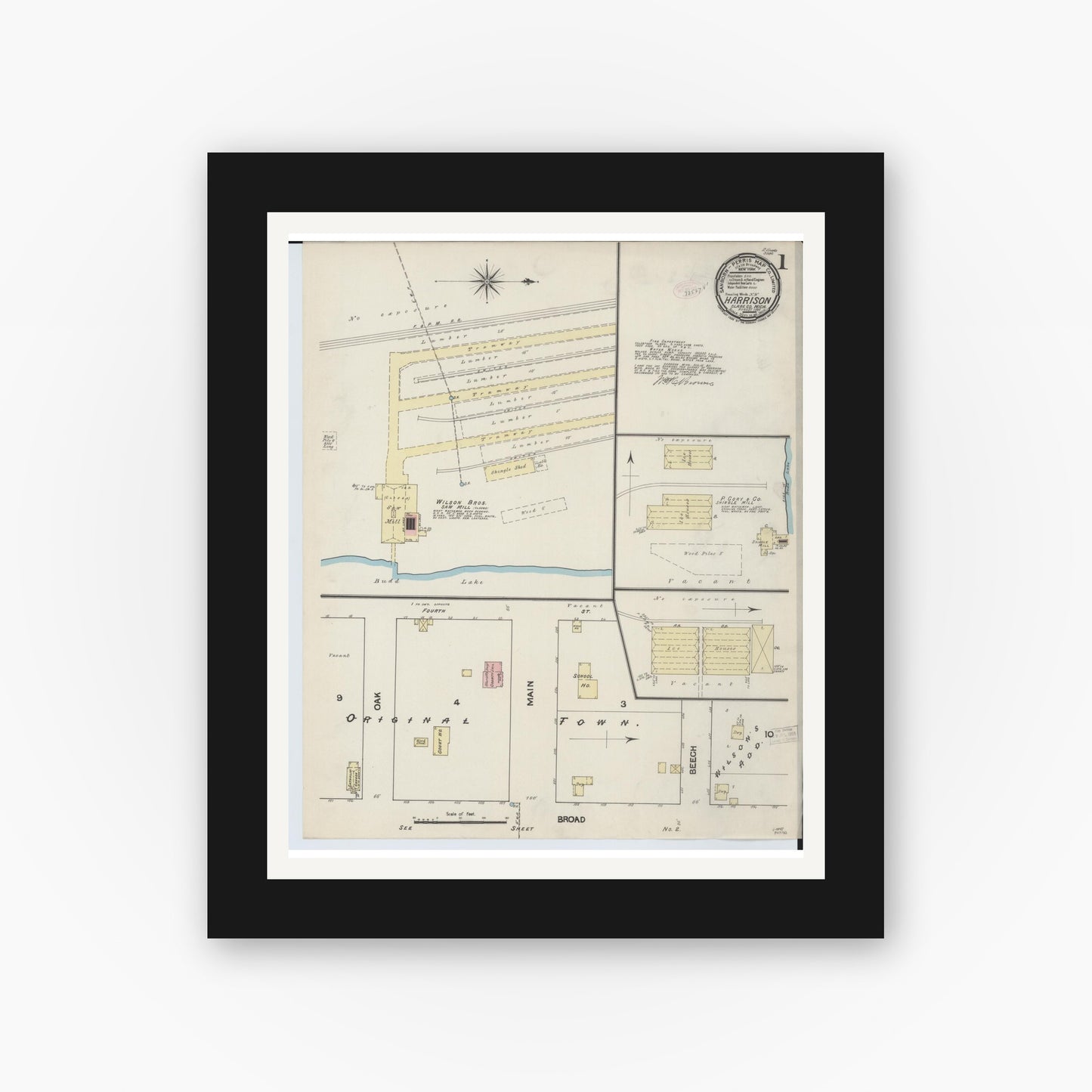 Old map wall art mockup — black gallery frame with white mat — Sanborn Fire Insurance Map from Harrison, Clare County, Michigan (1890) - Complete Map Set