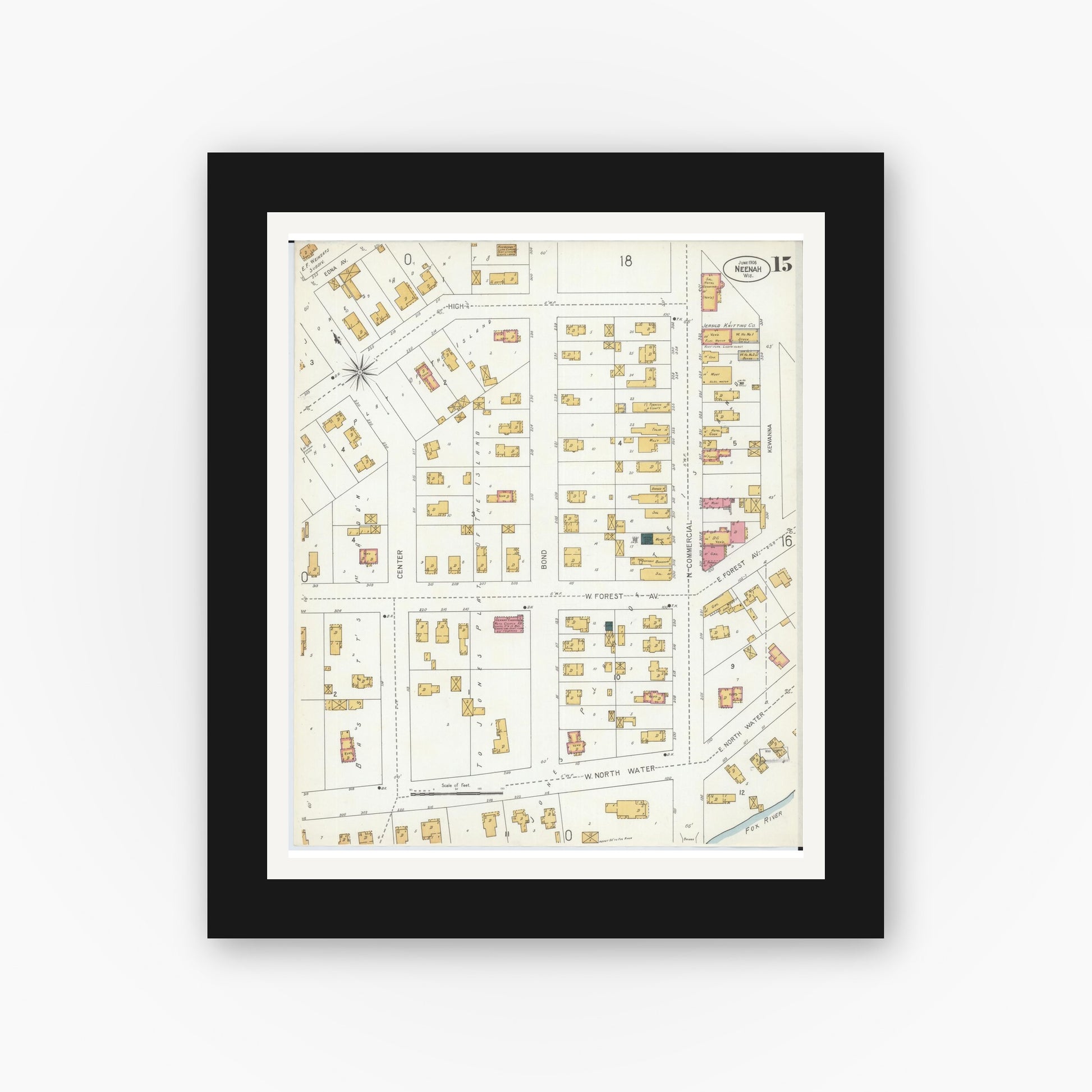 Old map wall art mockup — black gallery frame with white mat — Sanborn Fire Insurance Map from Neenah, Winnebago County, Wisconsin (1906), Sheet #0015