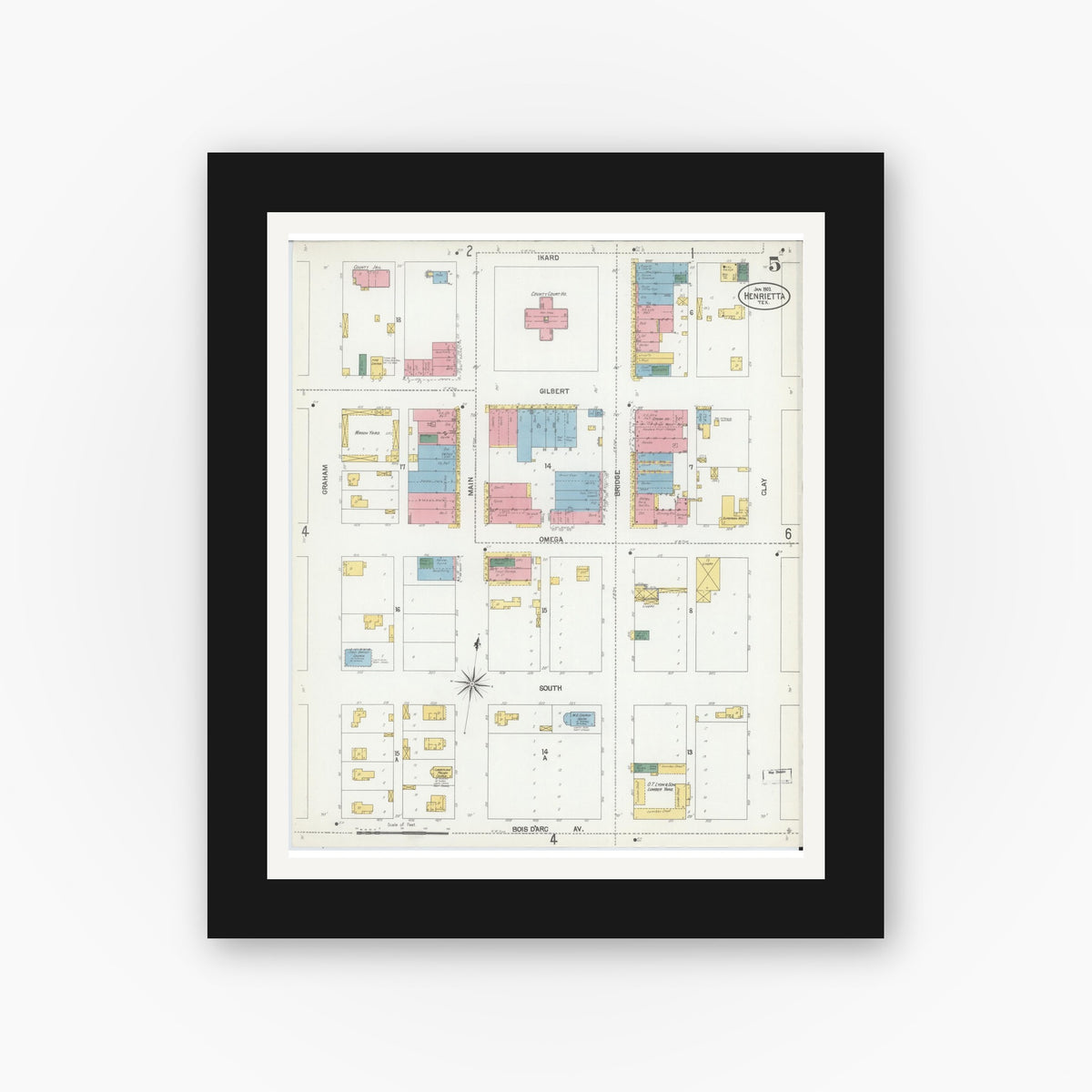 Old map wall art mockup — black gallery frame with white mat — Sanborn Fire Insurance Map from Henrietta, Clay County, Texas (1902), Sheet #0005