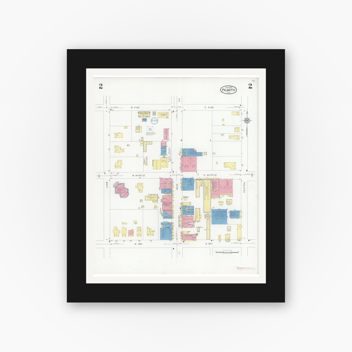Old map wall art mockup — black gallery frame with white mat — Sanborn Fire Insurance Map from Palmetto, Manatee County, Florida (1930), Sheet #0002