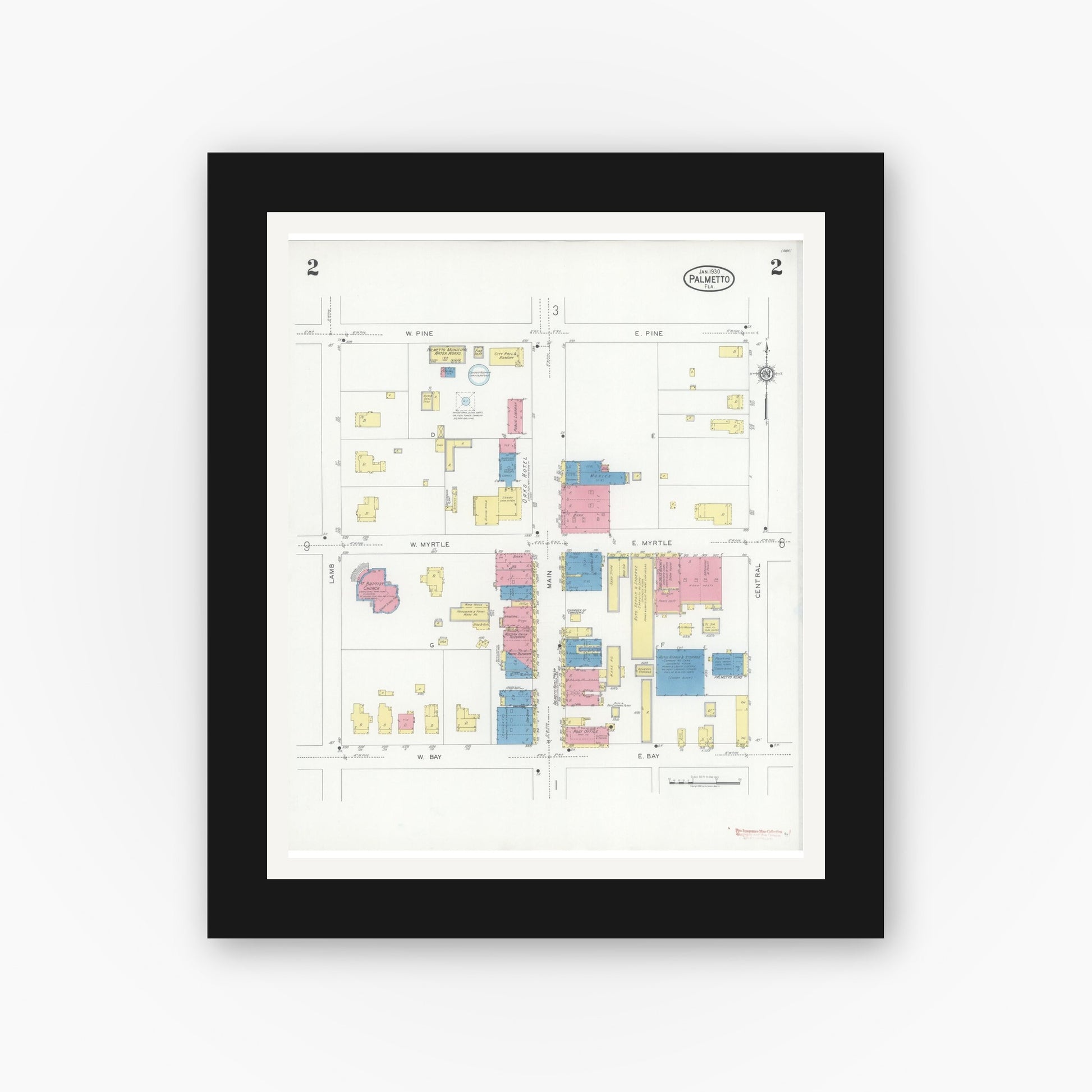 Old map wall art mockup — black gallery frame with white mat — Sanborn Fire Insurance Map from Palmetto, Manatee County, Florida (1930), Sheet #0002