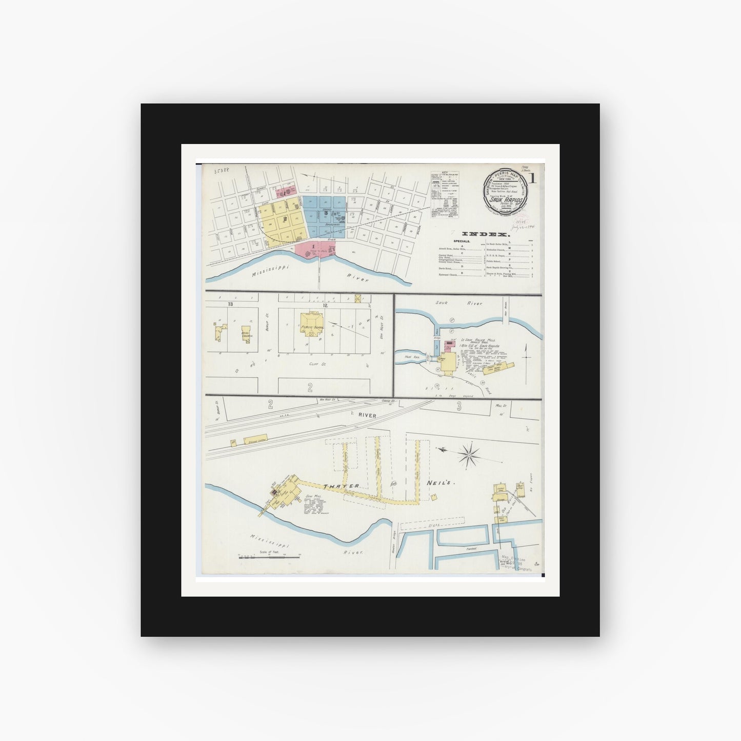Old map wall art mockup — black gallery frame with white mat — Sanborn Fire Insurance Map from Sauk Rapids, Benton County, Minnesota (1894) - Complete Map Set