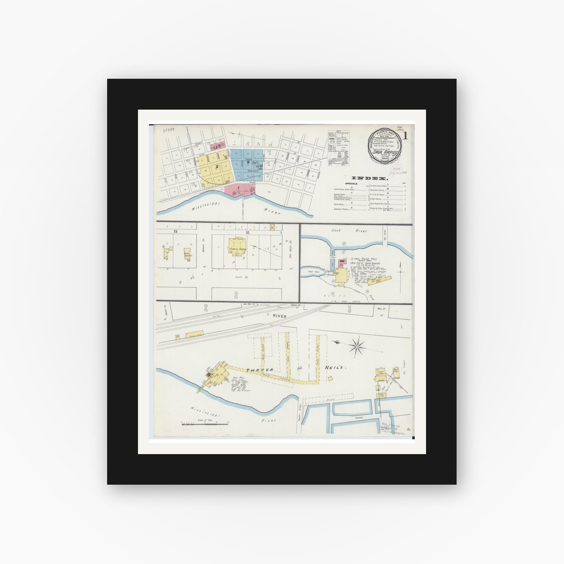 Old map wall art mockup — black gallery frame with white mat — Sanborn Fire Insurance Map from Sauk Rapids, Benton County, Minnesota (1894) - Complete Map Set