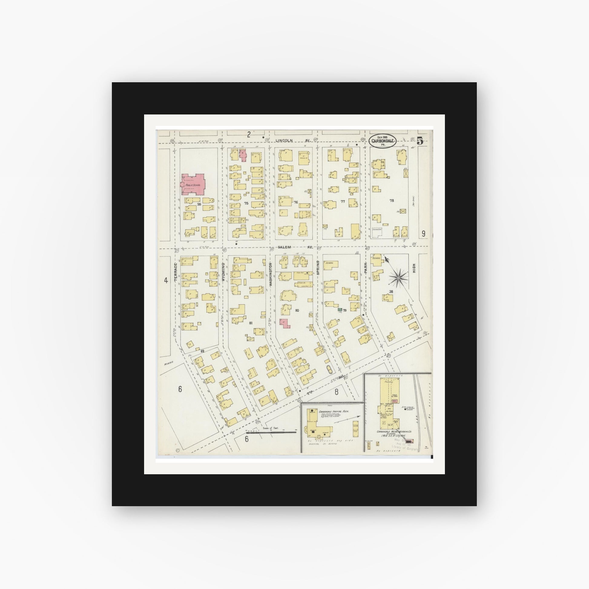 Old map wall art mockup — black gallery frame with white mat — Sanborn Fire Insurance Map from Carbondale, Lackawanna County, Pennsylvania (1903), Sheet #0005