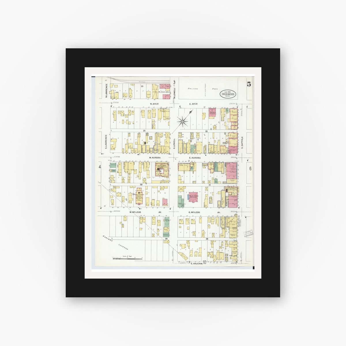 Old map wall art mockup — black gallery frame with white mat — Sanborn Fire Insurance Map from Ironwood, Gogebic County, Michigan (1908), Sheet #0005