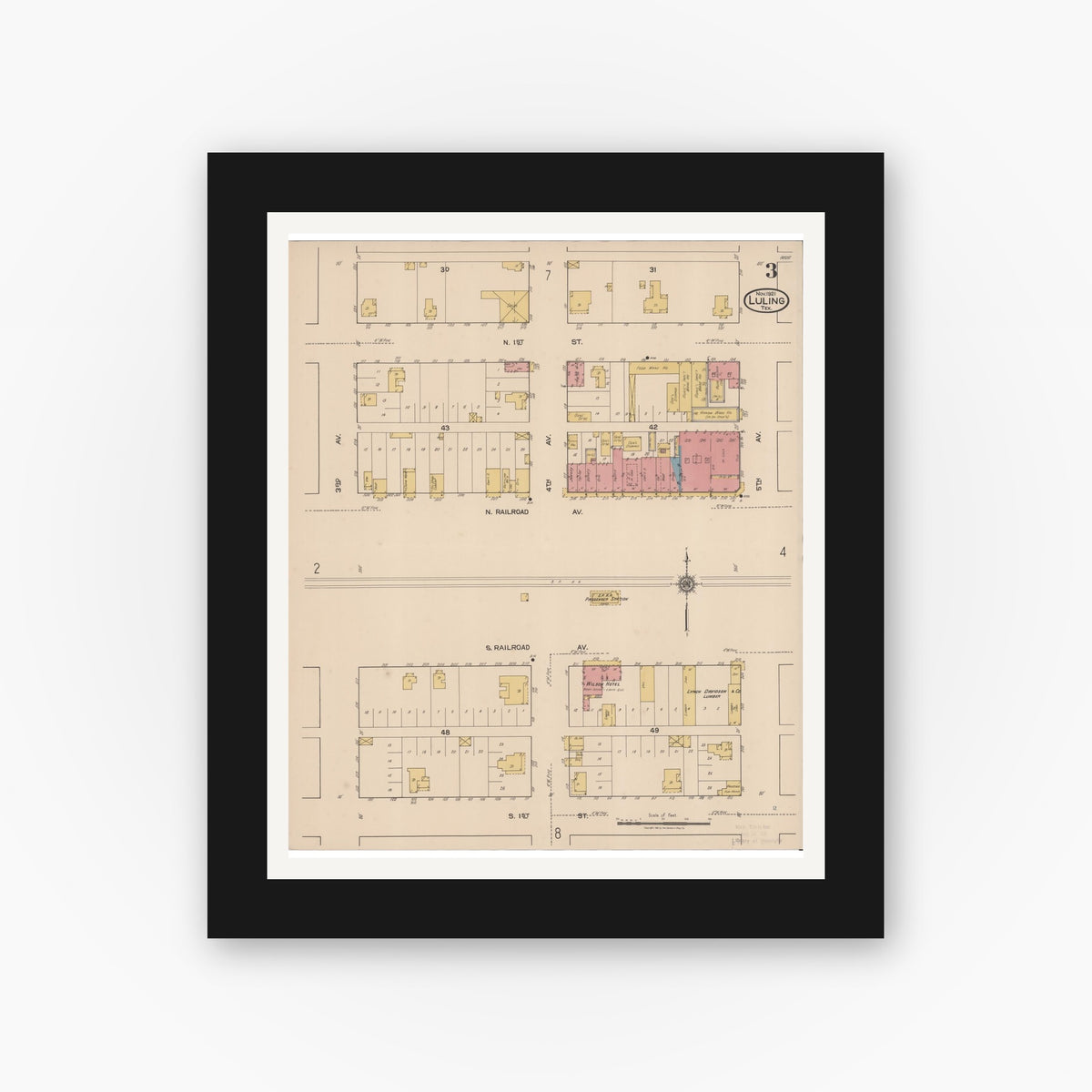 Old map wall art mockup — black gallery frame with white mat — Sanborn Fire Insurance Map from Luling, Caldwell County, Texas (1921), Sheet #0003