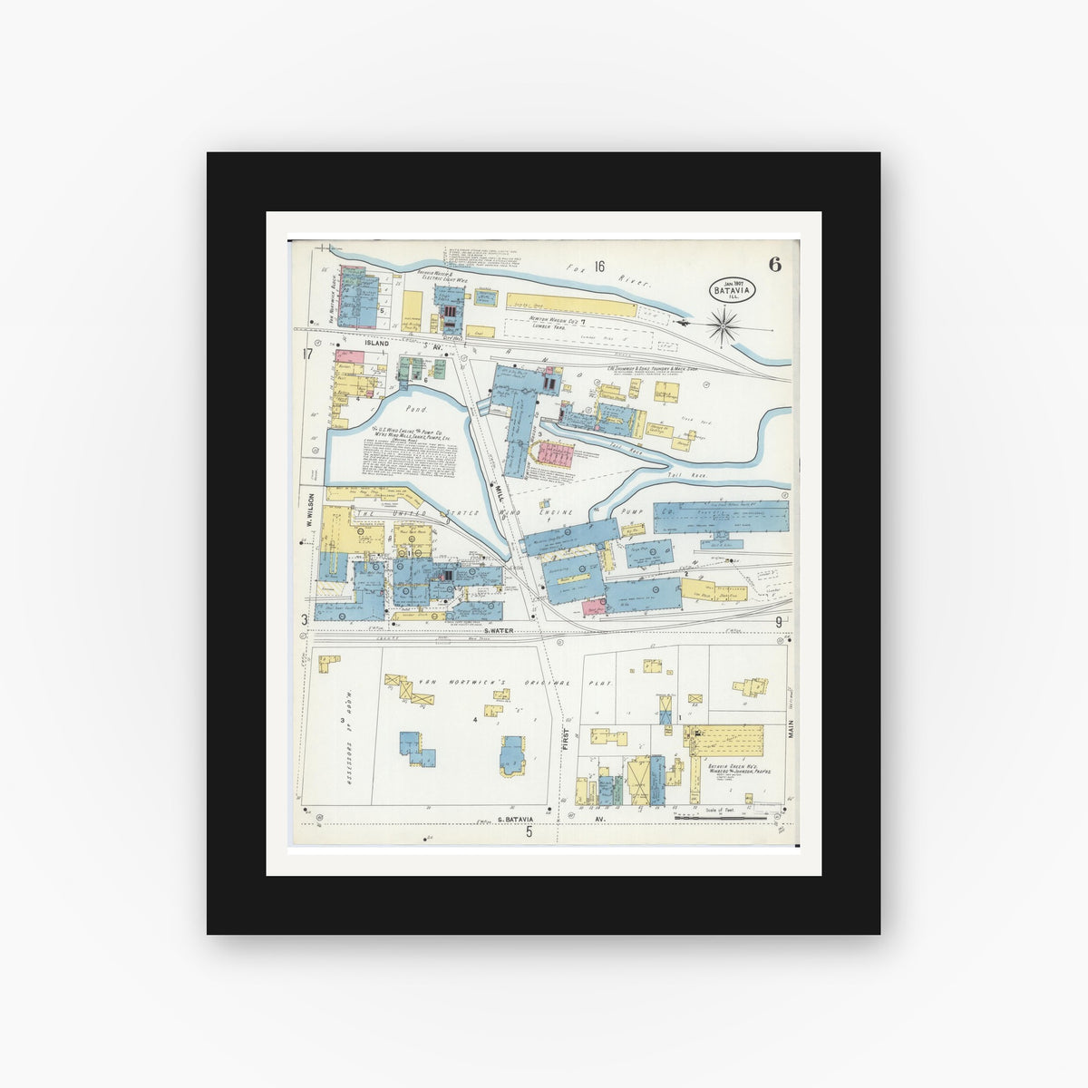 Old map wall art mockup — black gallery frame with white mat — Sanborn Fire Insurance Map from Batavia, Kane County, Illinois (1907), Sheet #0006