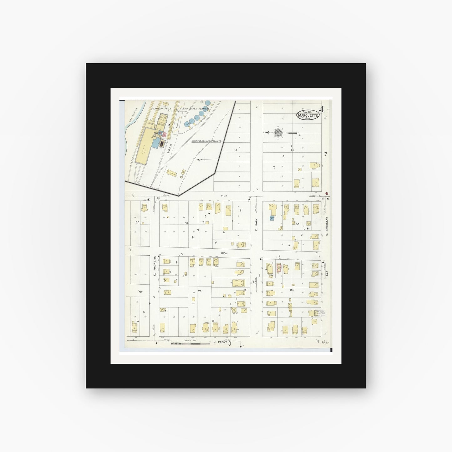 Old map wall art mockup — black gallery frame with white mat — Sanborn Fire Insurance Map from Marquette, Marquette County, Michigan (1911), Sheet #0004