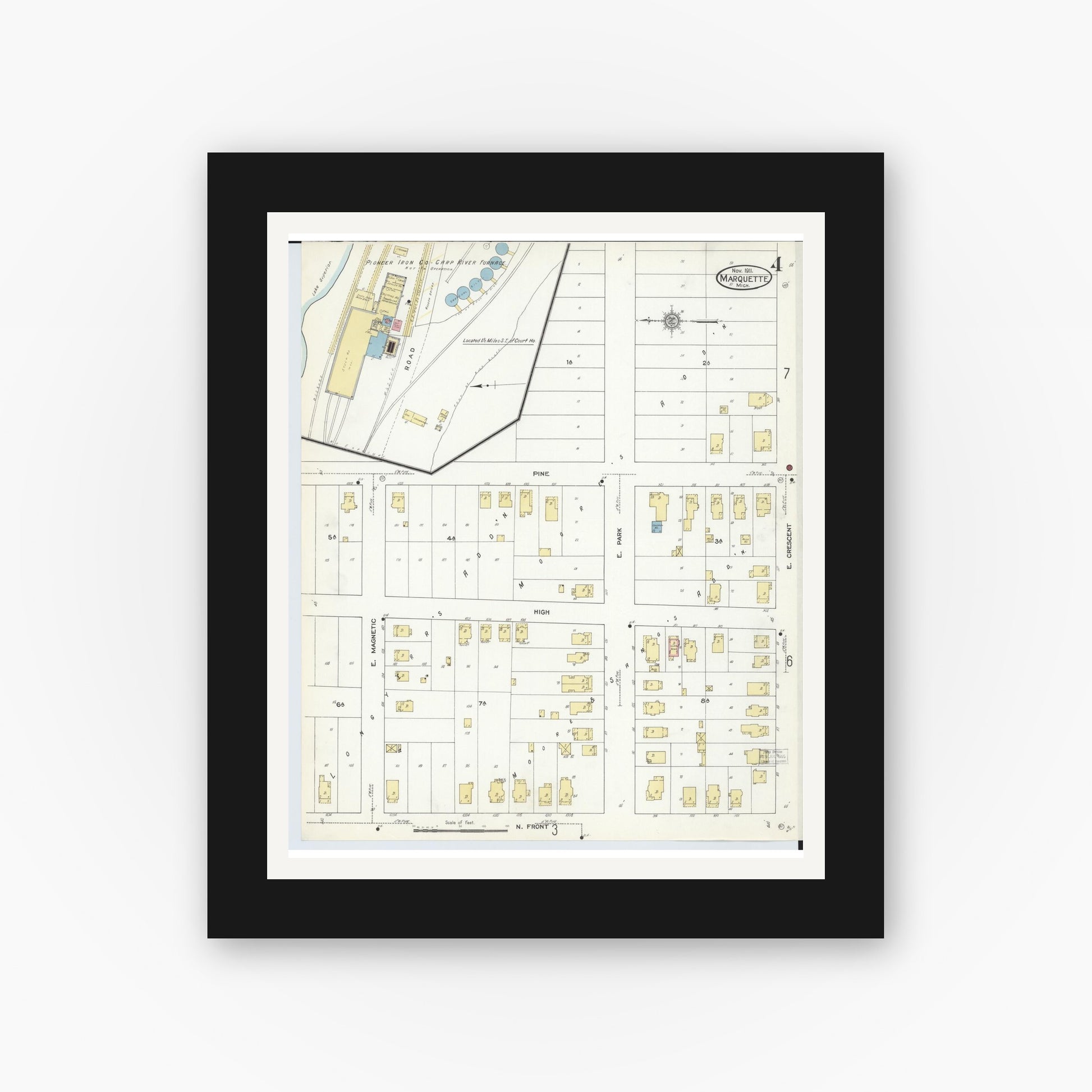 Old map wall art mockup — black gallery frame with white mat — Sanborn Fire Insurance Map from Marquette, Marquette County, Michigan (1911), Sheet #0004