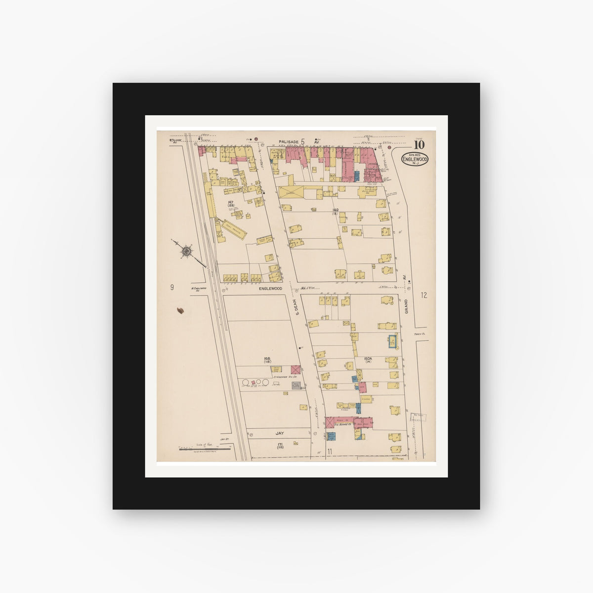 Old map wall art mockup — black gallery frame with white mat — Sanborn Fire Insurance Map from Englewood, Bergen County, New Jersey (1922), Sheet #0010