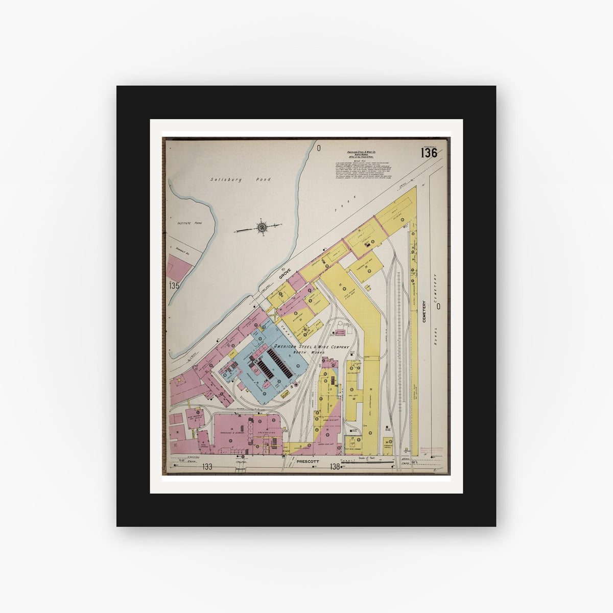 Old map wall art mockup — black gallery frame with white mat — Sanborn Fire Insurance Map from Worcester, Worcester County, Massachusetts (1910), Sheet #0136