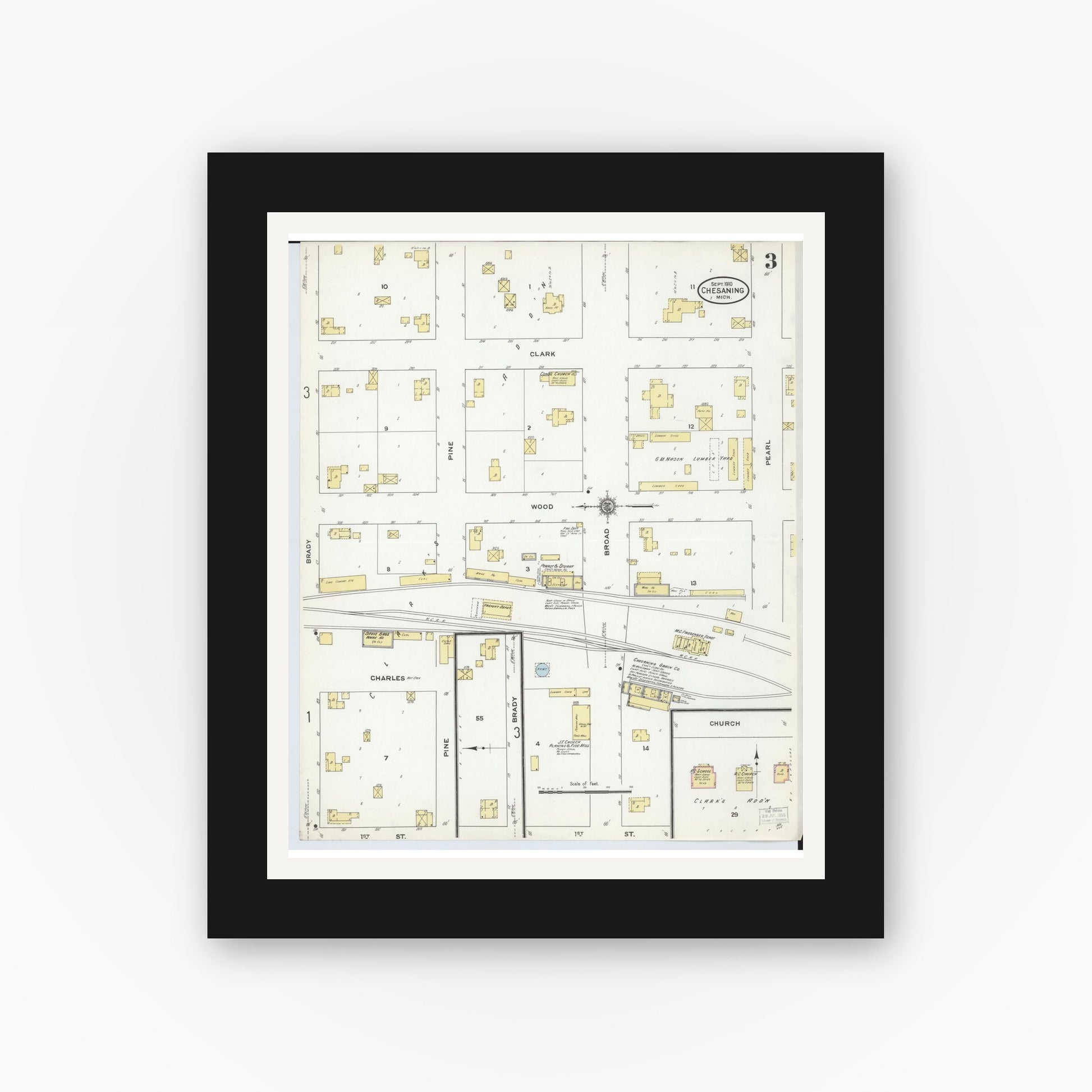 Old map wall art mockup — black gallery frame with white mat — Sanborn Fire Insurance Map from Chesaning, Saginaw County, Michigan (1910), Sheet #0003