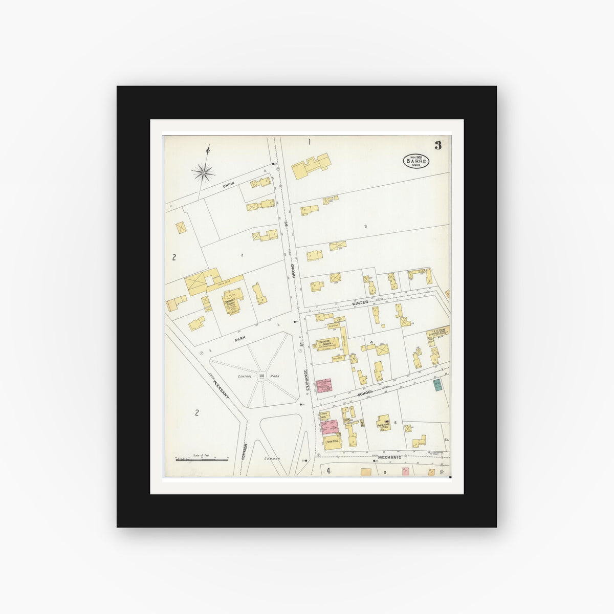 Old map wall art mockup — black gallery frame with white mat — Sanborn Fire Insurance Map from Barre, Worcester County, Massachusetts (1905), Sheet #0003