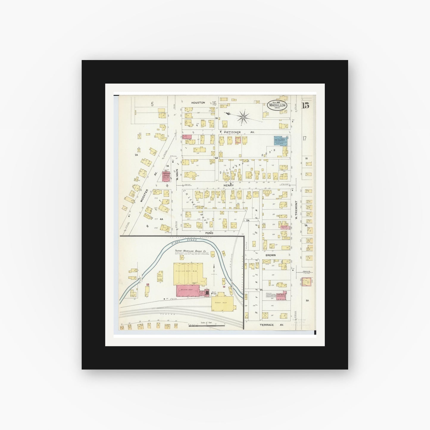 Old map wall art mockup — black gallery frame with white mat — Sanborn Fire Insurance Map from Massillon, Stark County, Ohio (1908), Sheet #0015
