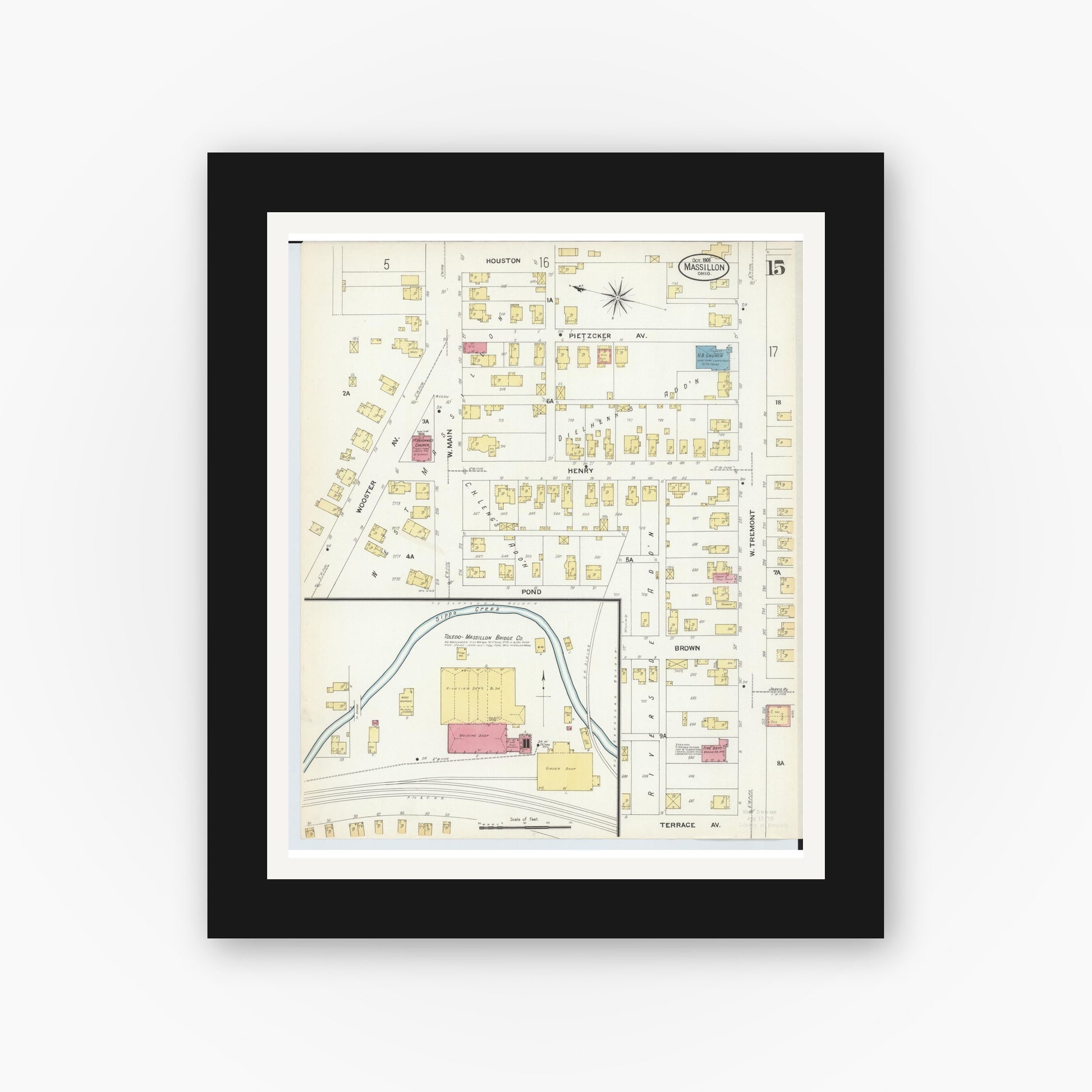 Old map wall art mockup — black gallery frame with white mat — Sanborn Fire Insurance Map from Massillon, Stark County, Ohio (1908), Sheet #0015
