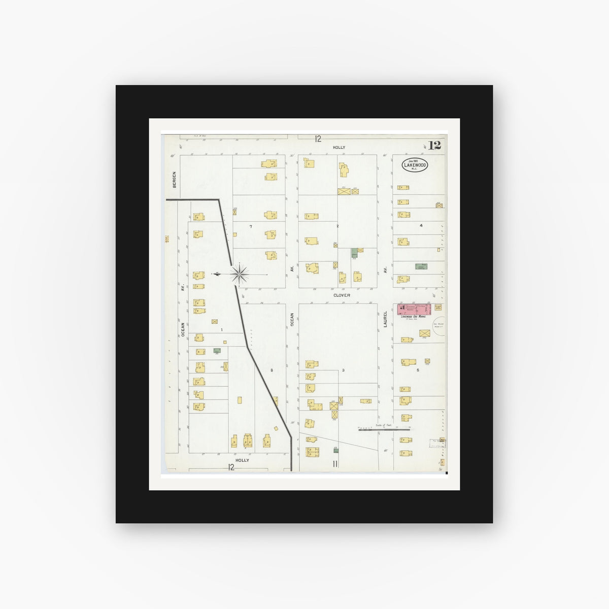 Old map wall art mockup — black gallery frame with white mat — Sanborn Fire Insurance Map from Lakewood, Ocean County, New Jersey (1901), Sheet #0012