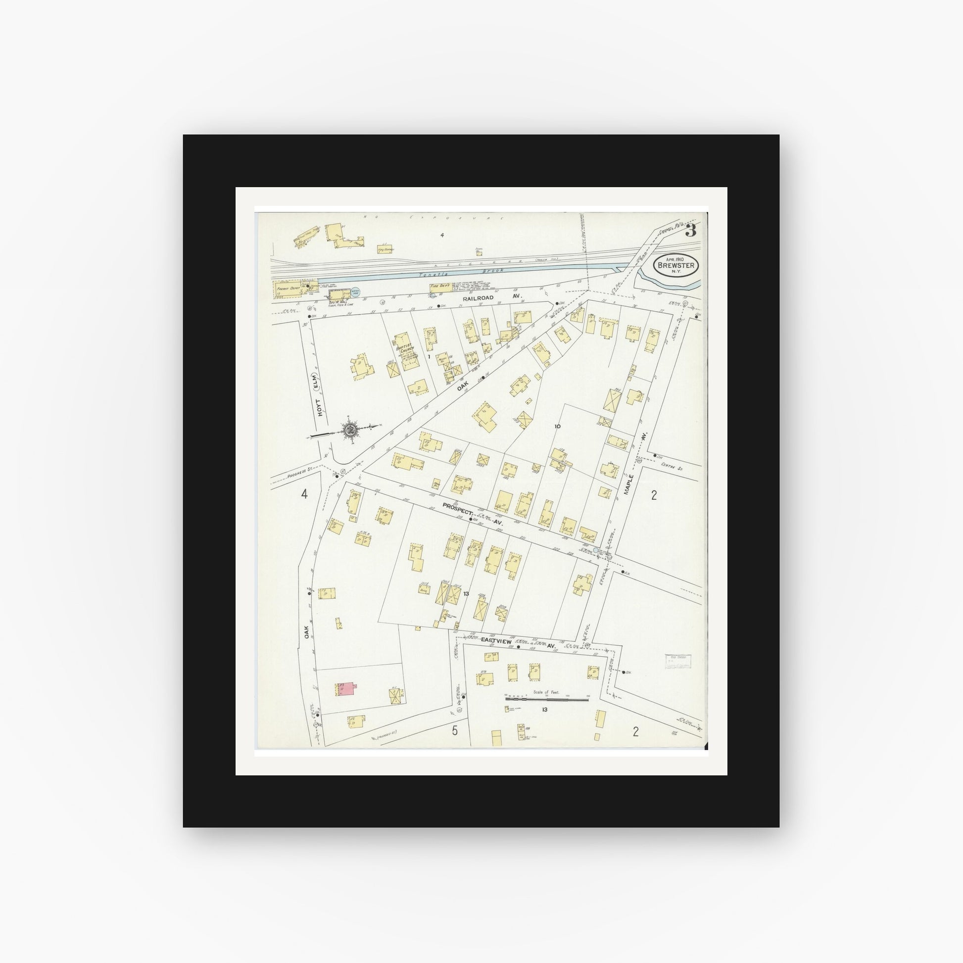 Old map wall art mockup — black gallery frame with white mat — Sanborn Fire Insurance Map from Brewster, Putnam County, New York (1910), Sheet #0003