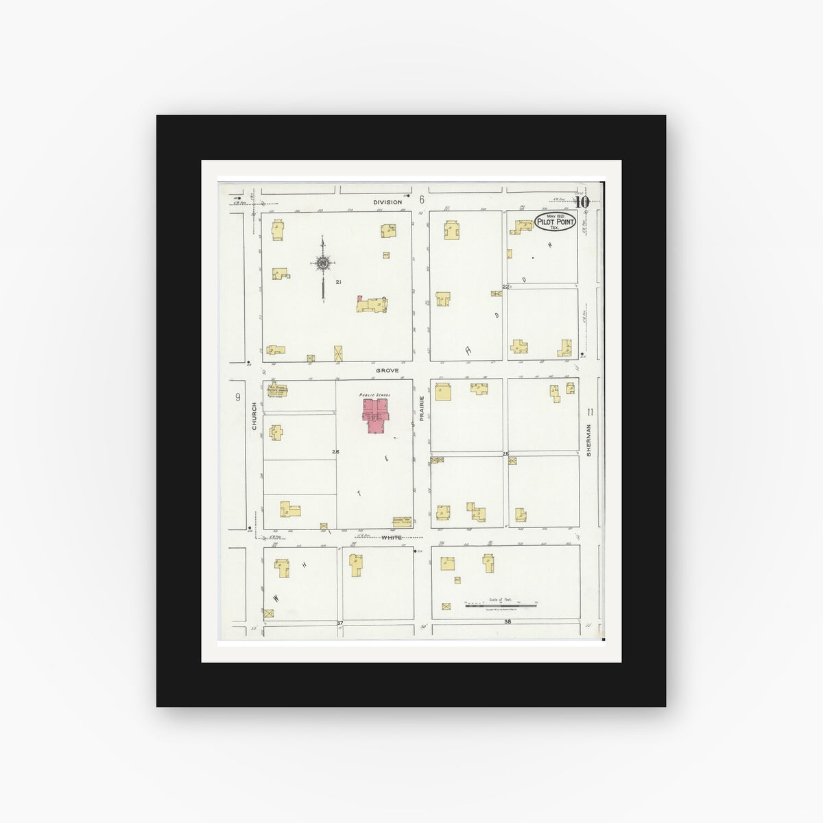 Old map wall art mockup — black gallery frame with white mat — Sanborn Fire Insurance Map from Pilot Point, Denton County, Texas (1921), Sheet #0010